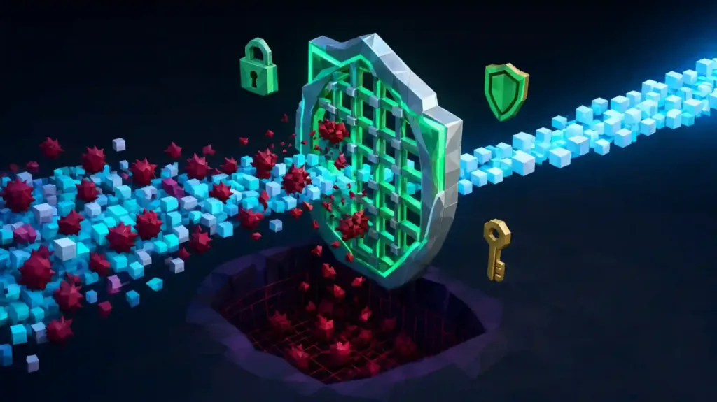 Representación conceptual de un flujo de información filtrando amenazas digitales y garantizando la limpieza de datos.