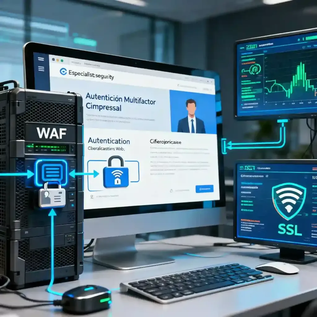 Especialista implementando medidas de seguridad web para empresas en una página profesional.
