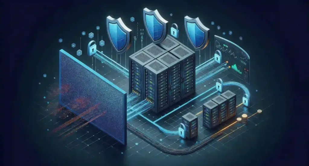 Panel de ciberseguridad mostrando la protección de una página web empresarial contra ataques y vulnerabilidades.