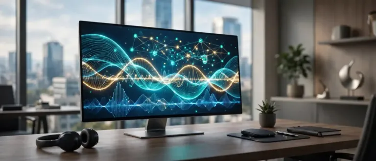 Ondas de sonido digitales y panel de control de telefonía IP conectada a agentes de voz con inteligencia artificial.