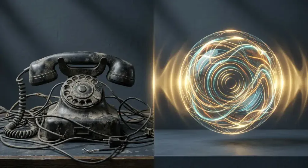 Comparativa conceptual entre la telefonía tradicional por cable y la tecnología de agentes de voz con inteligencia artificial.