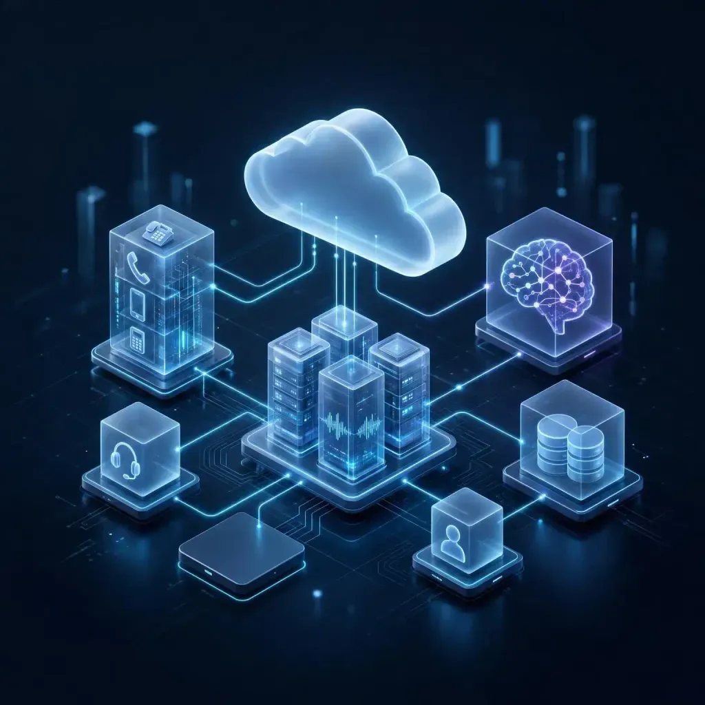 Estructura isométrica en 3D que representa una plataforma de telefonía en la nube y agentes de voz desarrollada a la medida.