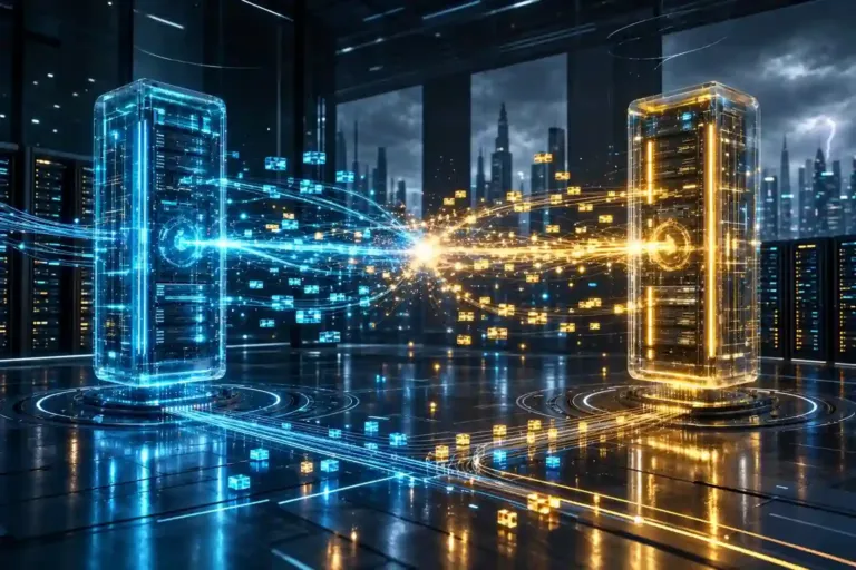 Representación digital de servidores conectados intercambiando paquetes de datos mediante APIs y Webhooks.