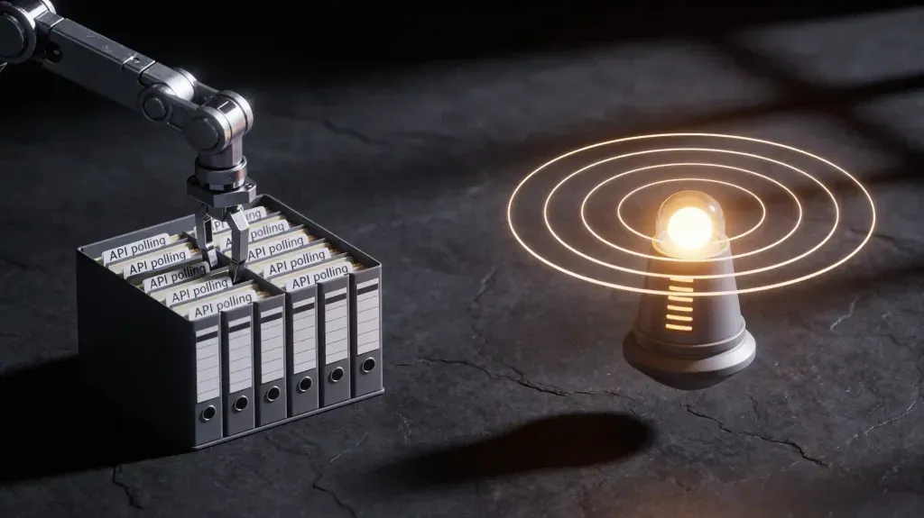 Ilustración conceptual en 3D que compara el modelo de consulta periódica frente a la emisión instantánea de eventos.
