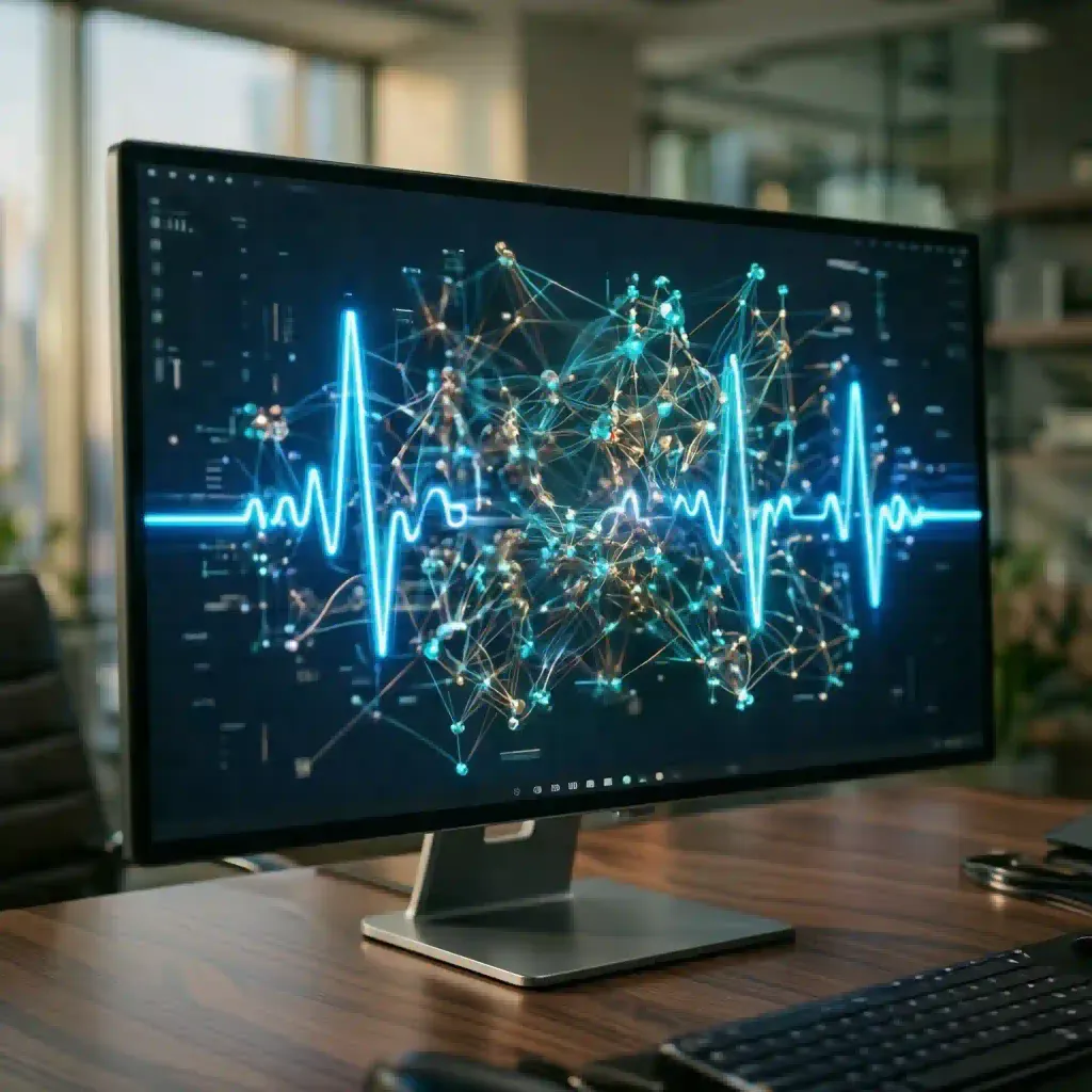 Monitor de computadora mostrando un flujo de datos sincronizado en tiempo real y conectividad de red.