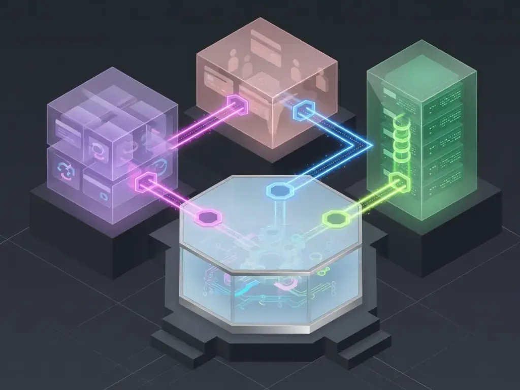 Estructura isométrica en 3D que representa un centro de integración de sistemas empresariales desarrollado a la medida.