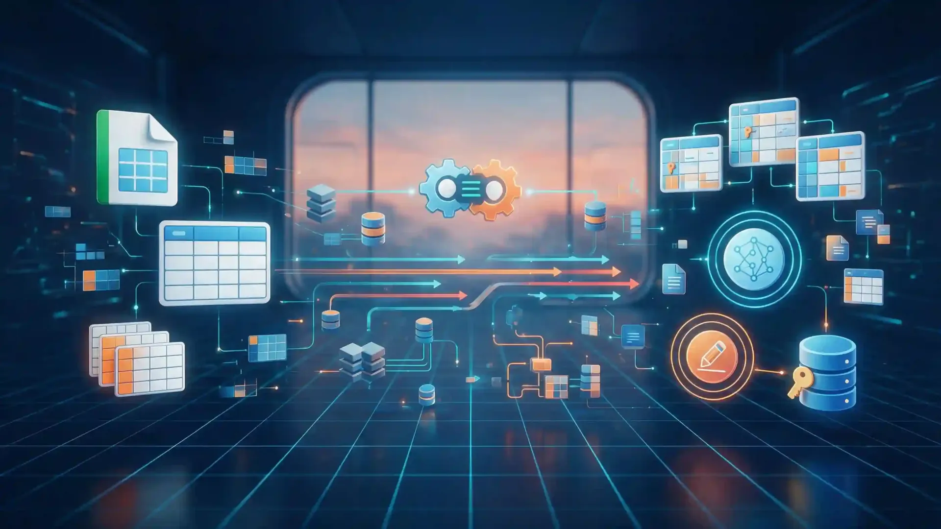 Estructura digital mostrando la transformación de hojas de cálculo de datos en una base de datos relacional web moderna.