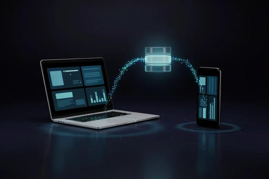 Teléfono inteligente y computadora portátil sincronizados en tiempo real mediante una base de datos centralizada.