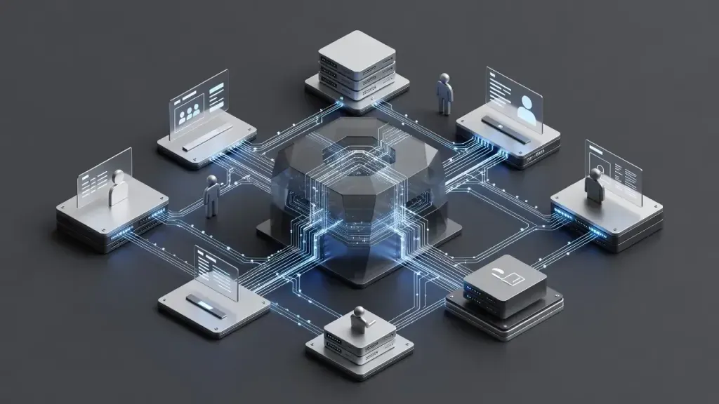 Diseño isométrico en 3D que representa una plataforma web con base de datos relacional desarrollada a la medida.