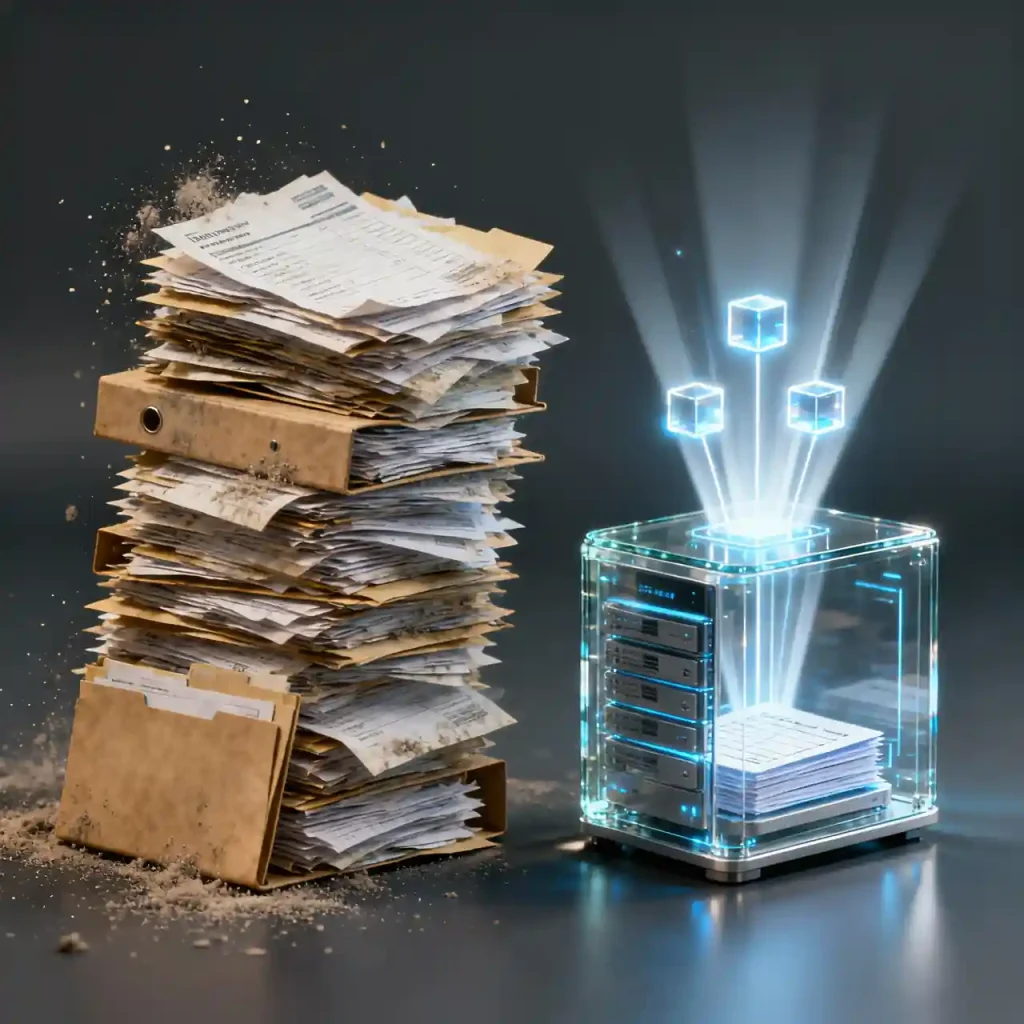 Comparativa gráfica entre la acumulación de facturas en papel y el procesamiento contable digital organizado con IA.