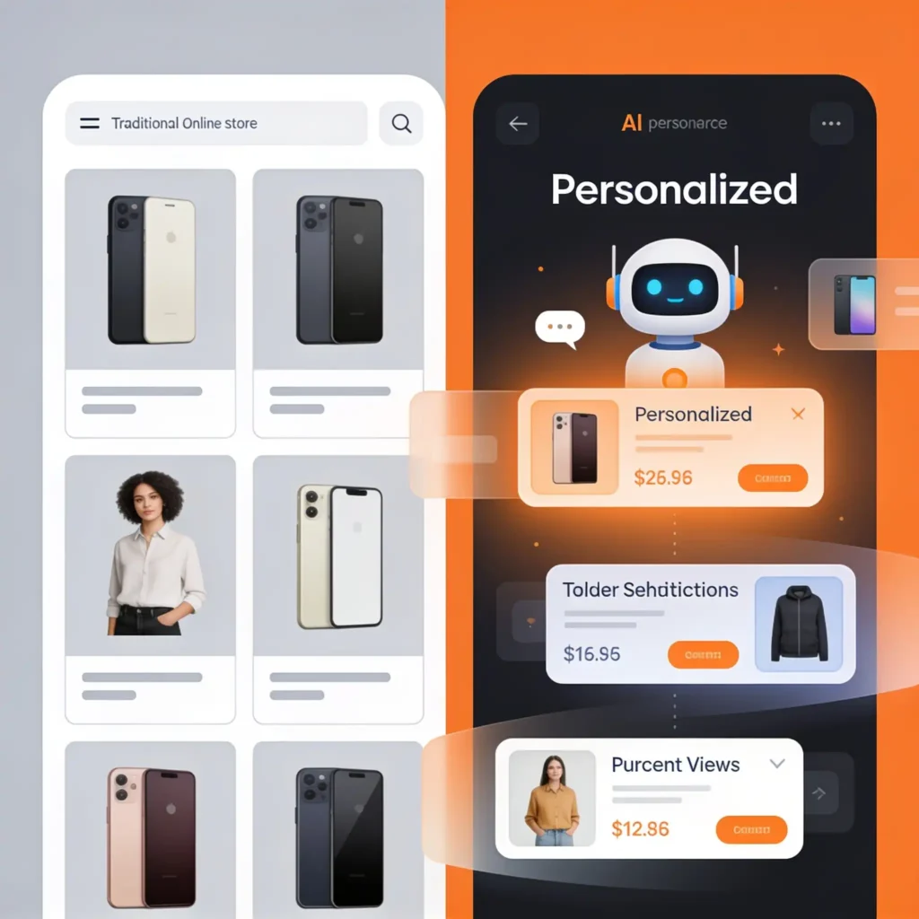 Comparativa gráfica entre una tienda online tradicional estática y una experiencia de e-commerce personalizada con IA.