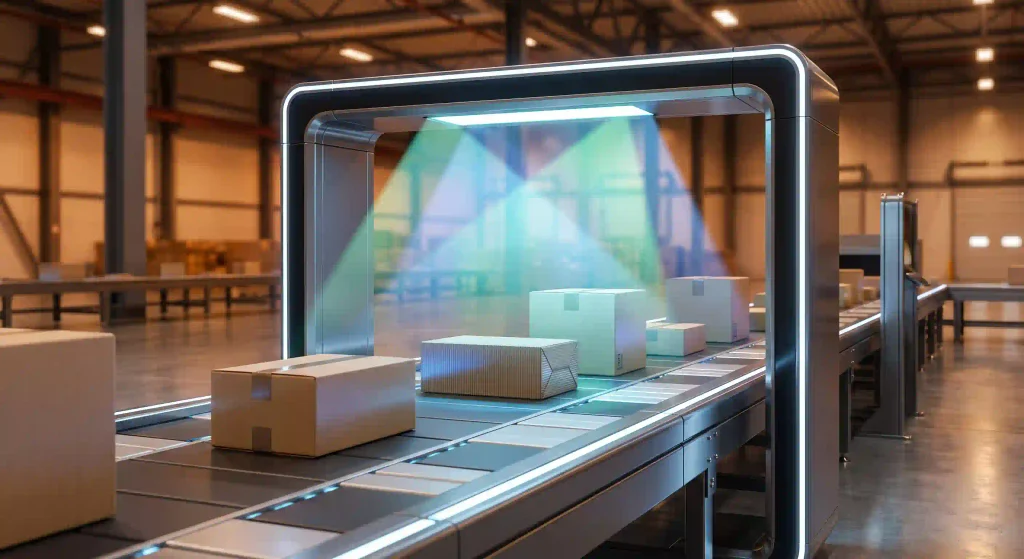 Arco de escaneo óptico e inteligencia artificial realizando control de calidad en un centro de distribución logístico.