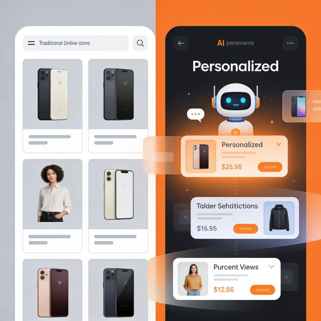 Comparativa gráfica entre una tienda online tradicional estática y una experiencia de e-commerce personalizada con IA.