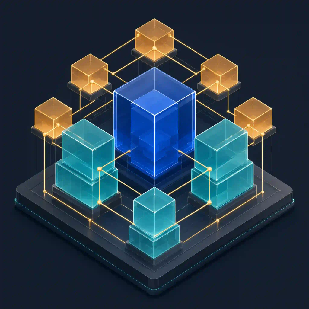 Estructura isométrica tridimensional que representa una arquitectura de software financiero seguro y conectado a la medida.