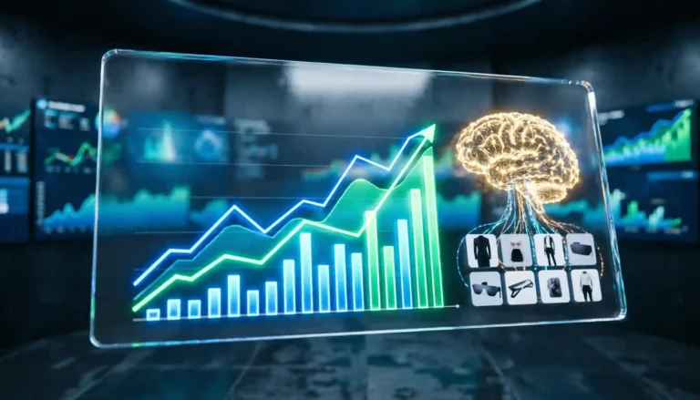 Panel digital de comercio electrónico con inteligencia artificial analizando tendencias de ventas y recomendaciones de productos