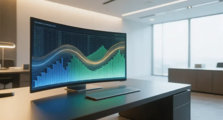 Panel de control financiero con gráficos y métricas contables procesadas por inteligencia artificial en una computadora empresarial.