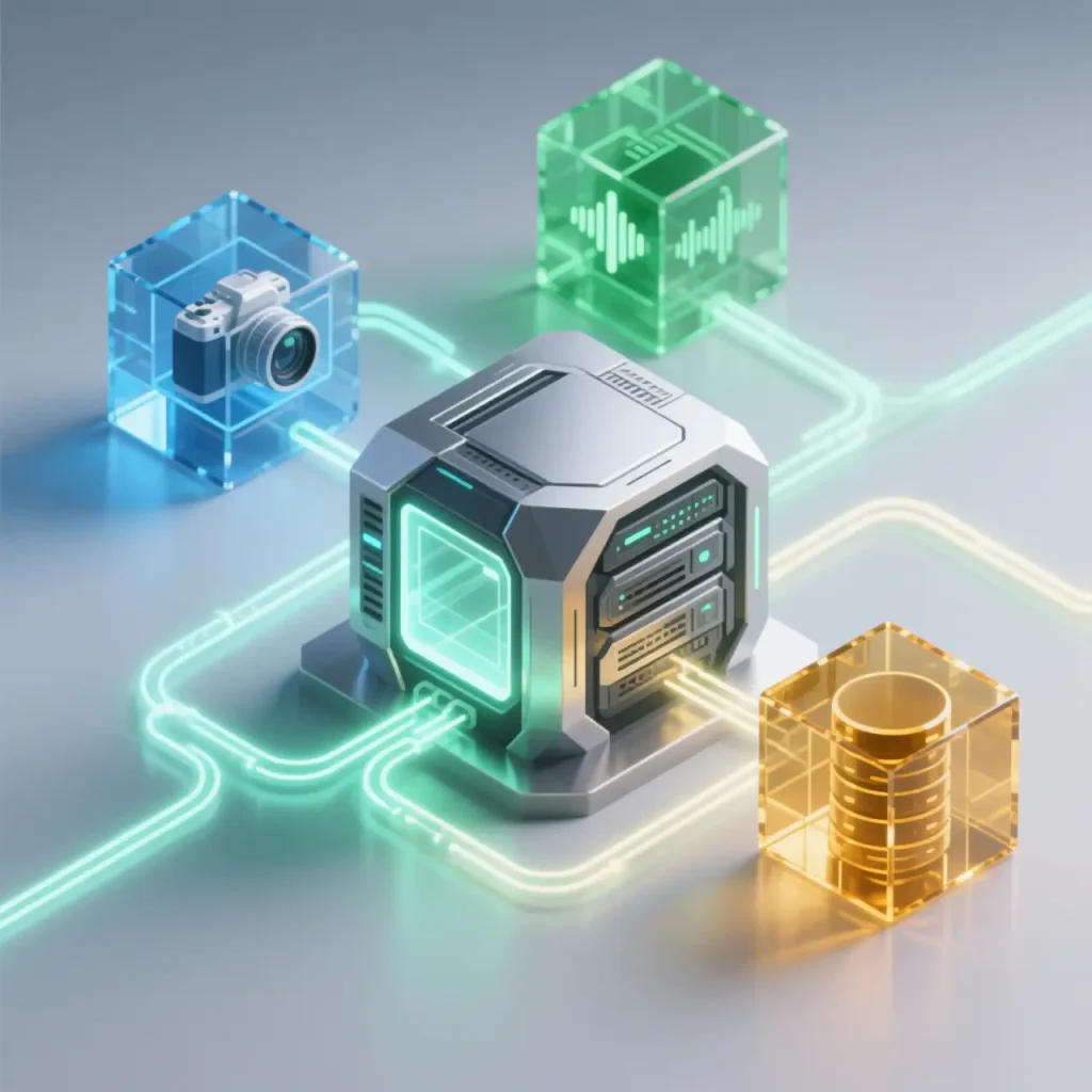 Estructura isométrica en 3D que representa una plataforma de software a la medida integrando flujos de video, audio y bases de datos.