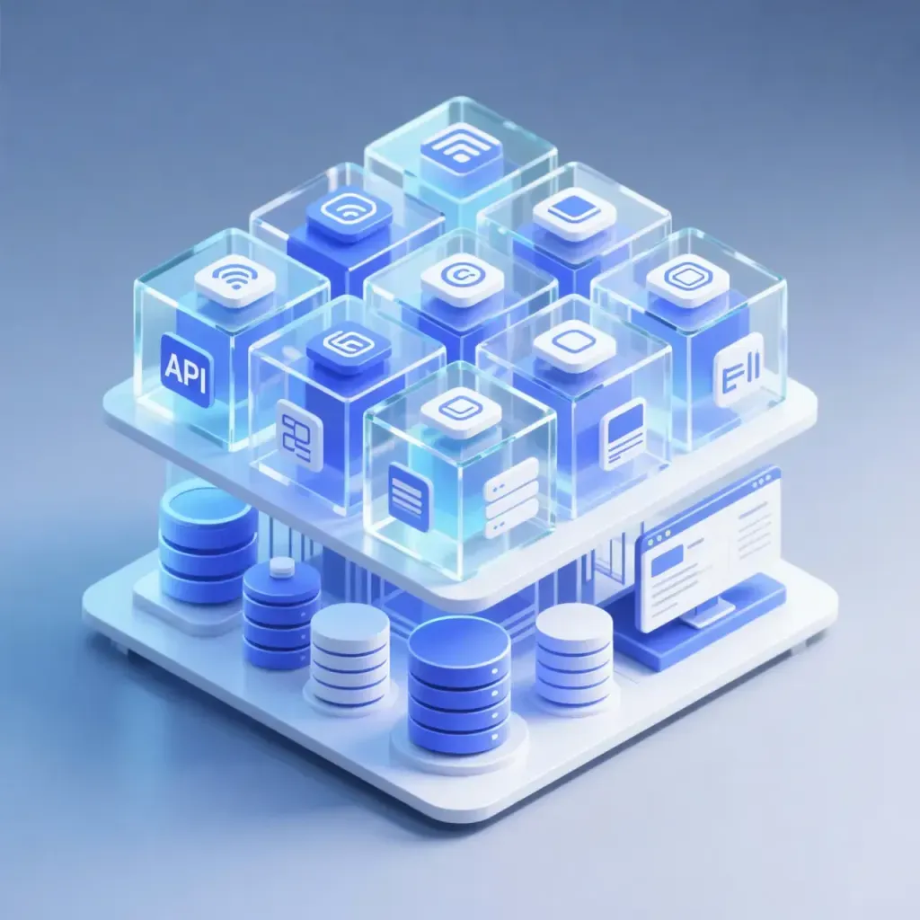 Estructura isométrica en 3D que representa la arquitectura de una Progressive Web App desarrollada a la medida.
