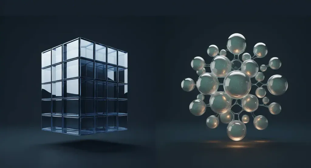 Ilustración conceptual en 3D que contrasta la estructura fija de tablas relacionales frente a la flexibilidad de esquemas NoSQL.