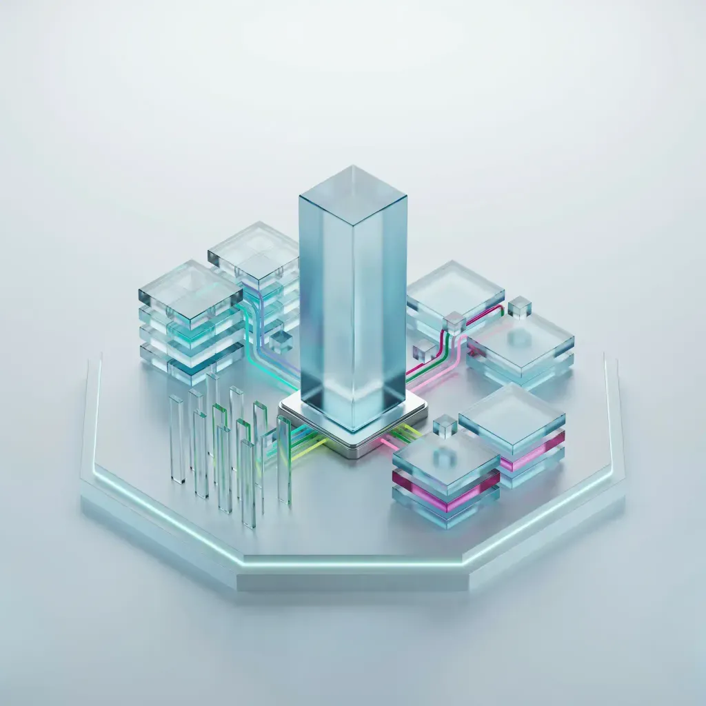Estructura isométrica en 3D que representa una arquitectura de persistencia políglota y software a la medida.