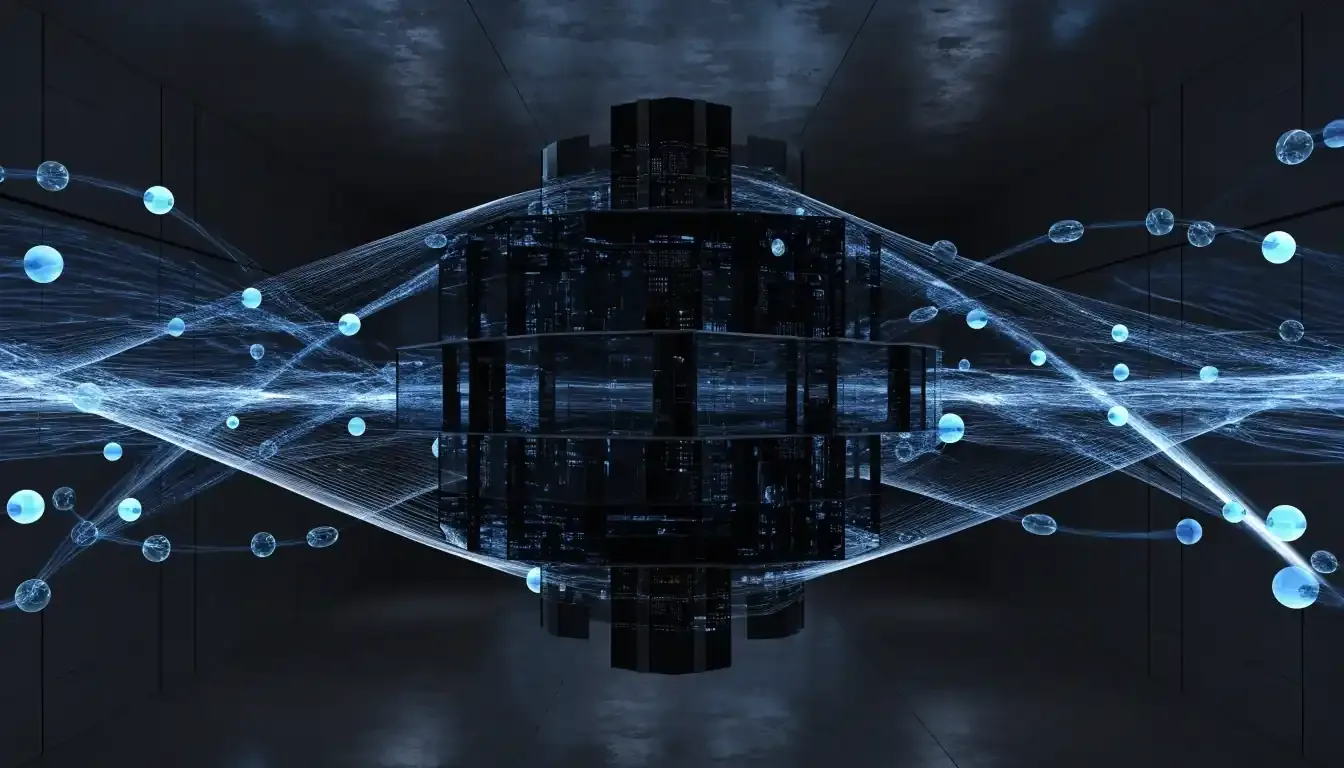 Representación digital de un sistema de agentes de inteligencia artificial autónomos coordinando procesos corporativos en un servidor de alta velocidad.