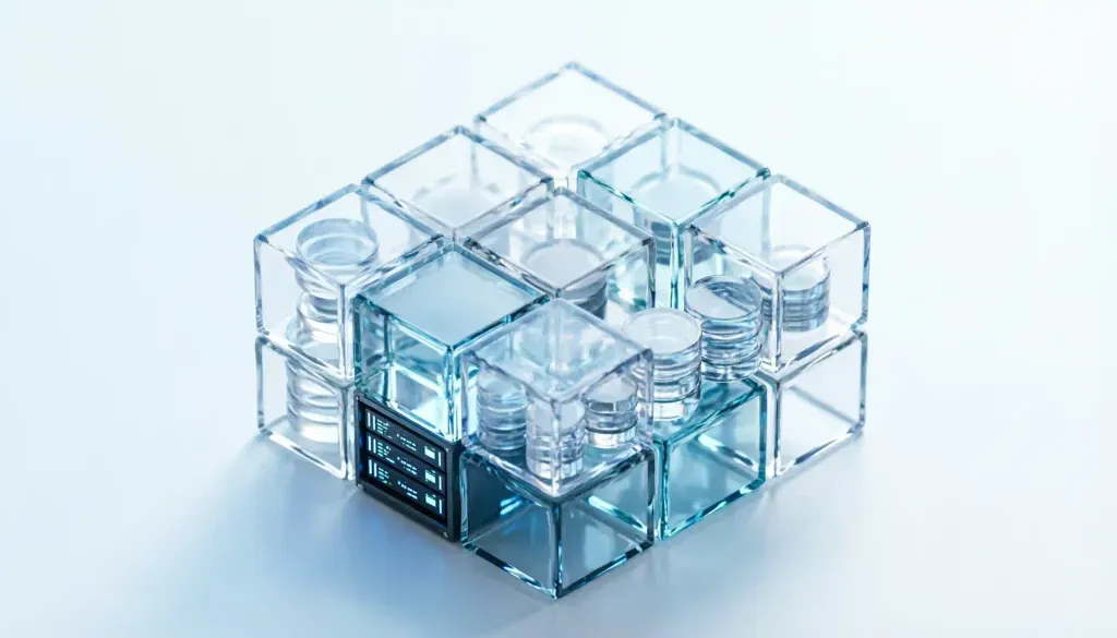 Estructura isométrica en 3D que representa una plataforma de agentes de inteligencia artificial desarrollada a la medida.