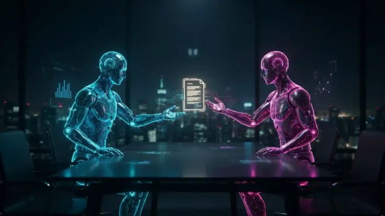 Dos figuras digitales holográficas representando agentes de inteligencia artificial coordinando un acuerdo comercial para una empresa, sin texto