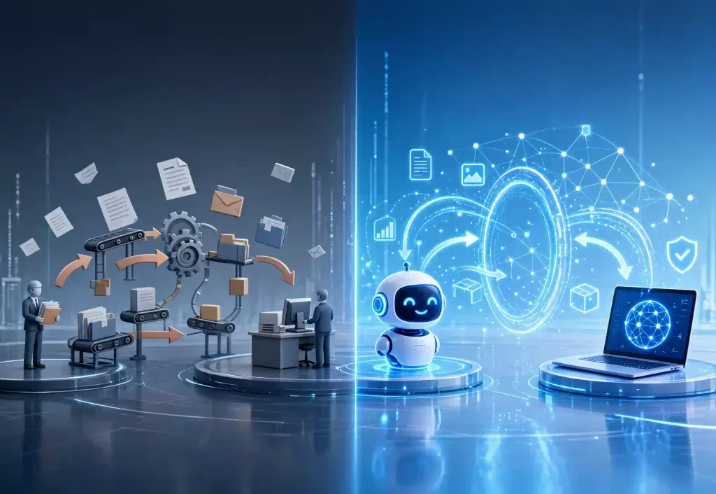 Comparativa conceptual en 3D entre el intercambio tradicional de información y la comunicación instantánea del protocolo A2A.