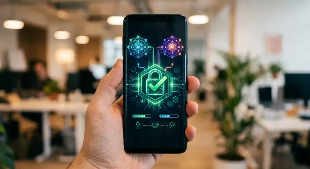Pantalla de teléfono inteligente mostrando una confirmación de acuerdo seguro entre agentes de IA.