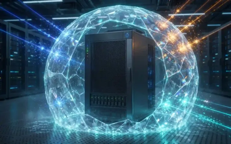 Escudo de seguridad digital y cortafuegos protegiendo un servidor empresarial del tráfico masivo de agentes de inteligencia artificial.