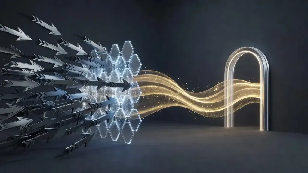 Ilustración conceptual en 3D que compara el tráfico invasivo de bots frente al flujo legítimo de usuarios en una red segura.