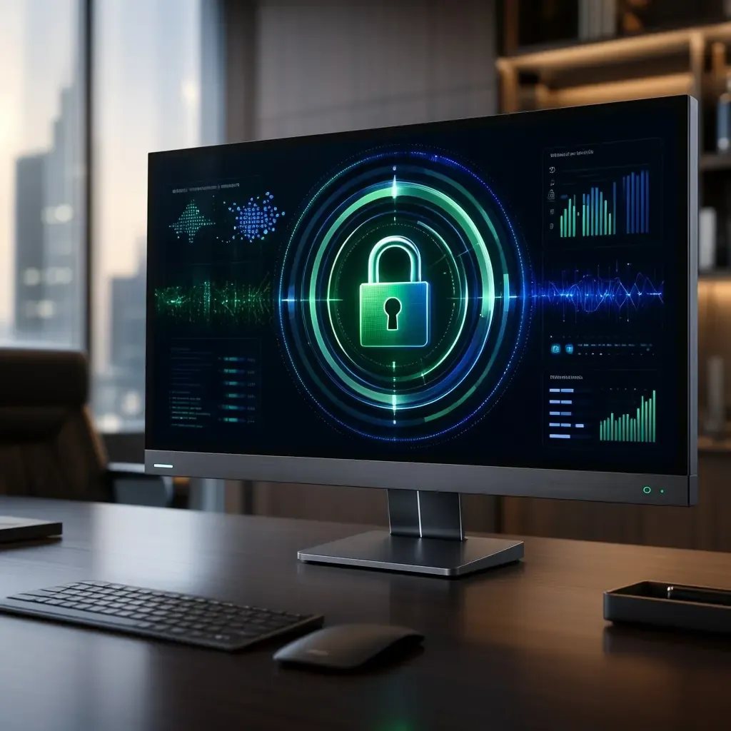 Monitor de red corporativo mostrando un indicador de cortafuegos y seguridad de datos activa.