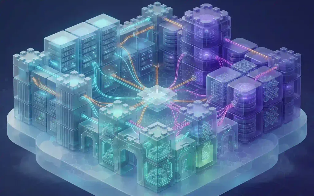 Estructura isométrica en 3D que representa una arquitectura de servidores protegida y software a la medida.