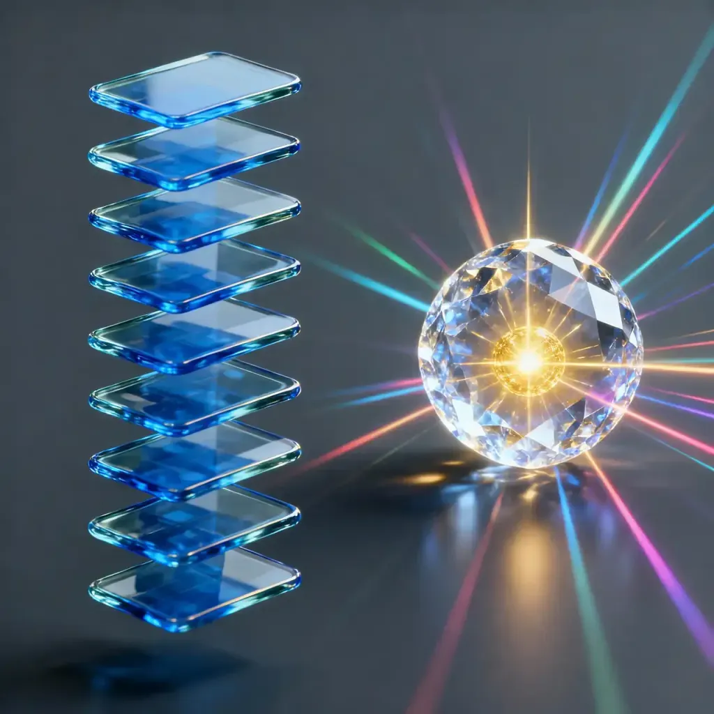 Comparativa conceptual en 3D entre la lista clásica de diez enlaces azules y la síntesis unificada de respuestas con IA.