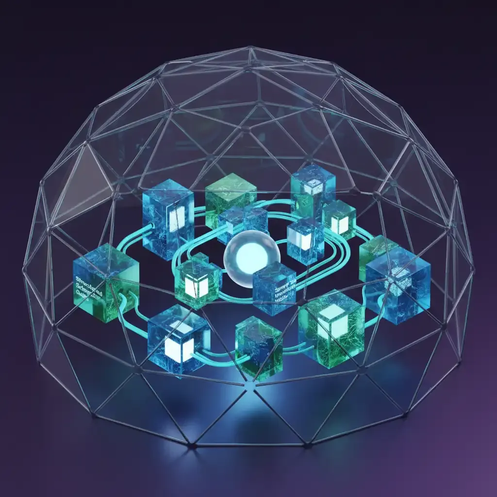 Estructura isométrica en 3D que representa una plataforma web optimizada para motores generativos desarrollada a la medida.