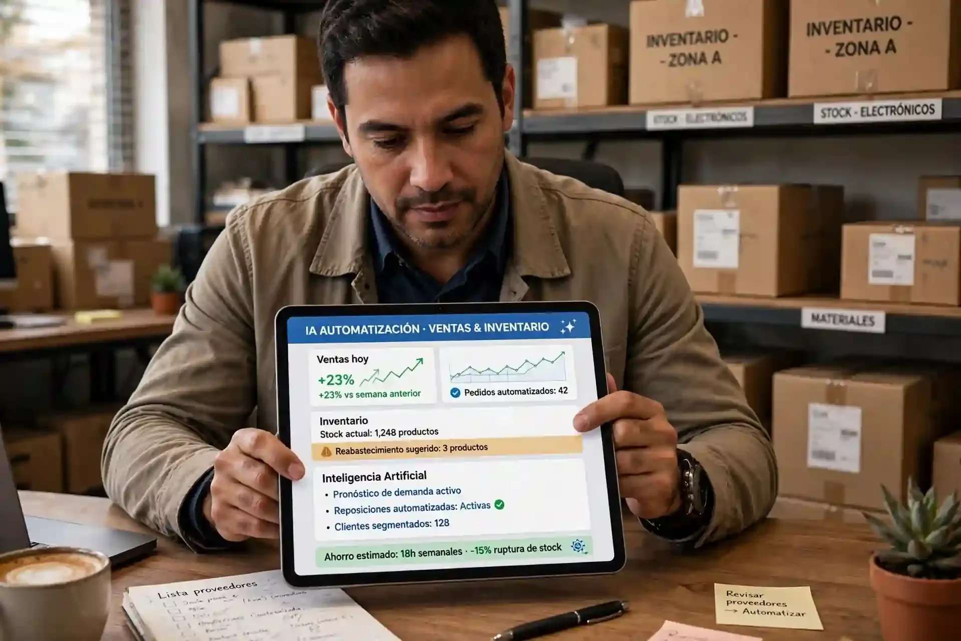 Dueño de empresa revisando en su tablet cómo la inteligencia artificial automatiza las ventas y el inventario de su negocio.