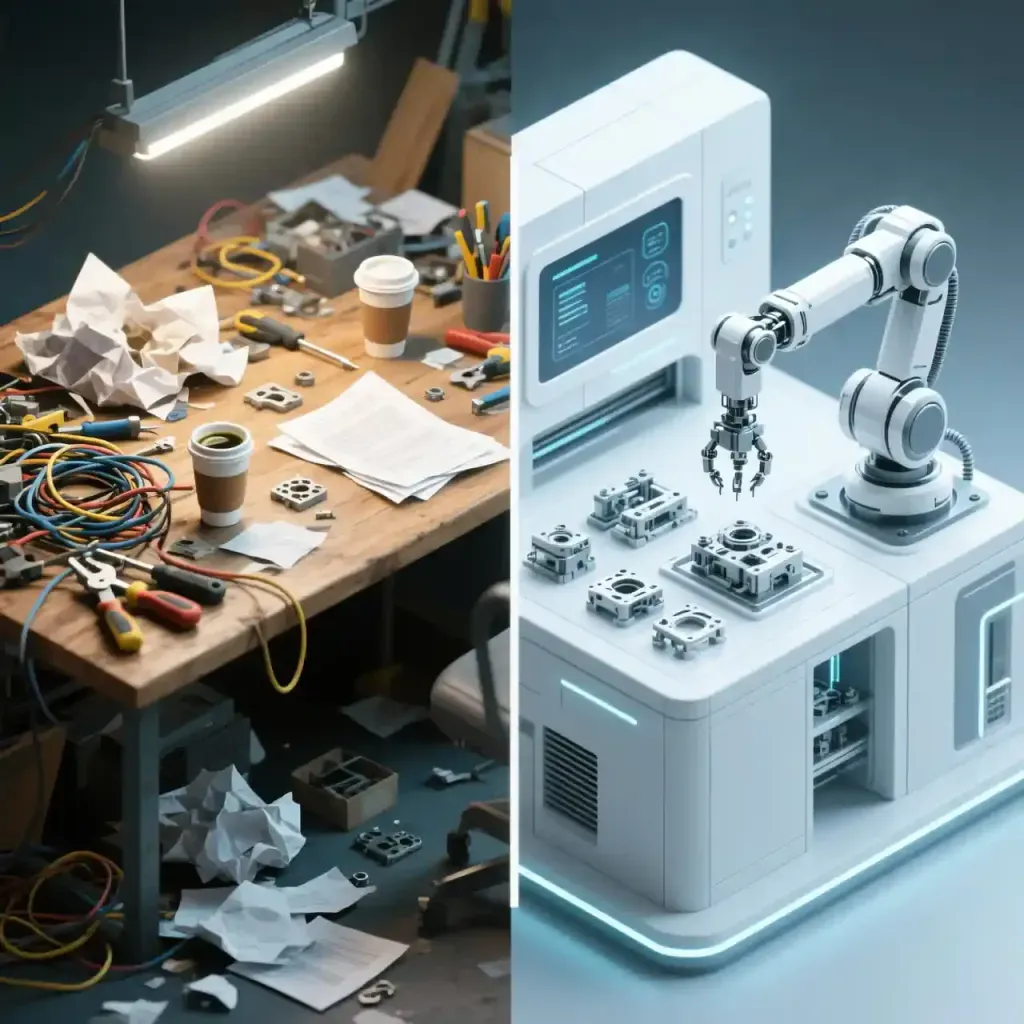 Comparativa en 3D que muestra el desorden del trabajo manual frente a la limpieza de un sistema automatizado.