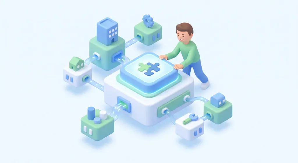 Estructura isométrica en 3D que representa una plataforma de software a la medida fácil de usar para empresas.