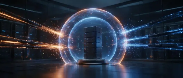 Representación digital de un cortafuegos perimetral bloqueando ráfagas masivas de scrapers de inteligencia artificial en un servidor corporativo.