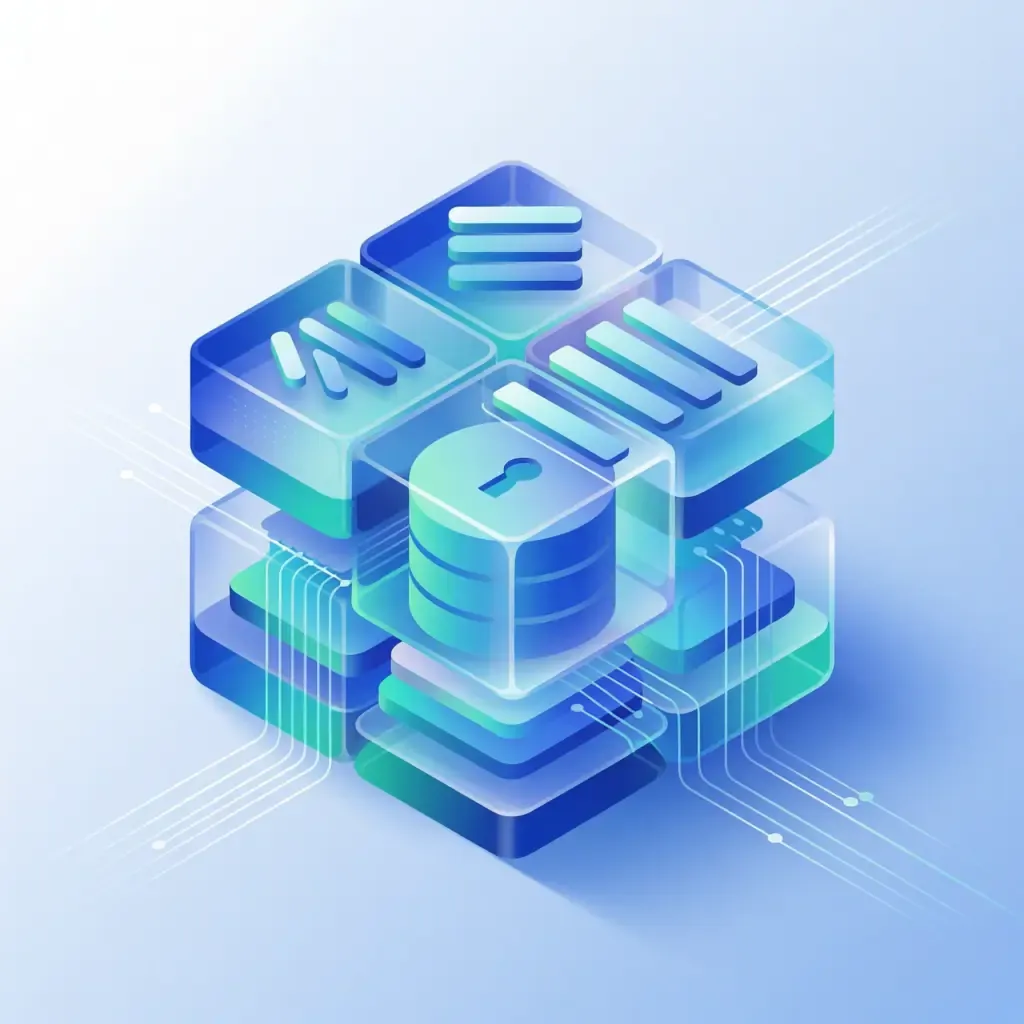 Estructura isométrica en 3D que representa una plataforma de software a la medida con defensas perimetrales integradas.