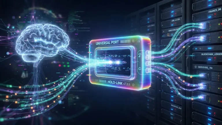 Conector digital holográfico en forma de puerto universal enlazando un cerebro de inteligencia artificial con servidores de bases de datos empresariales.