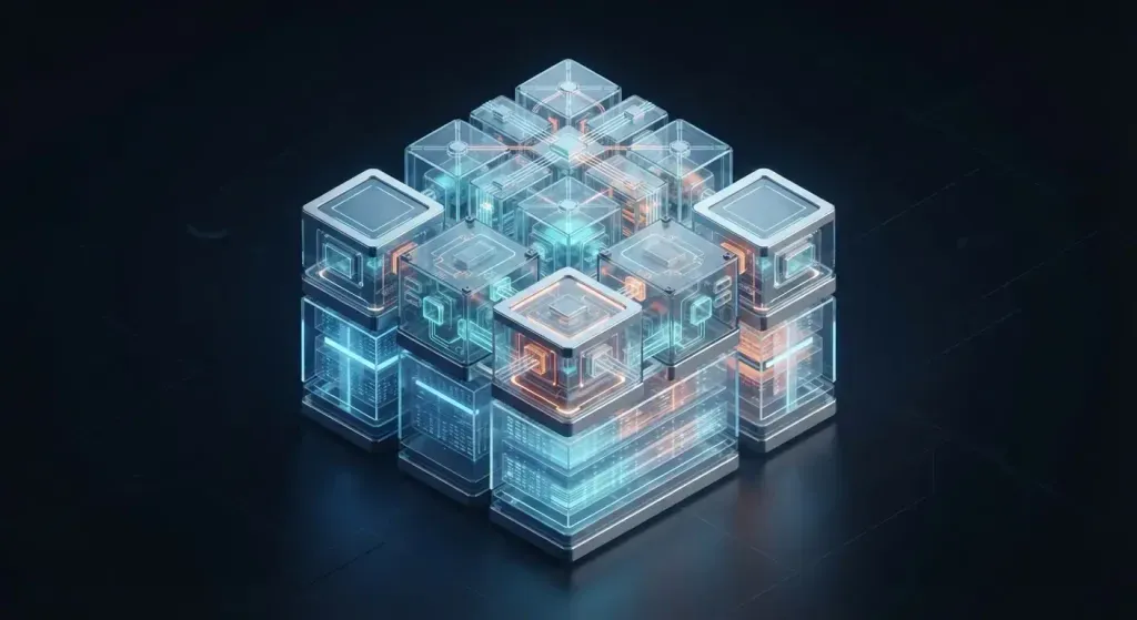 Estructura isométrica en 3D que representa la arquitectura de un servidor MCP desarrollado a la medida.