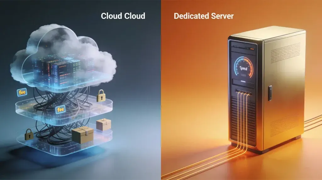 Comparativa conceptual en 3D que contrasta los costos ocultos de la nube frente a la eficiencia de un servidor dedicado.