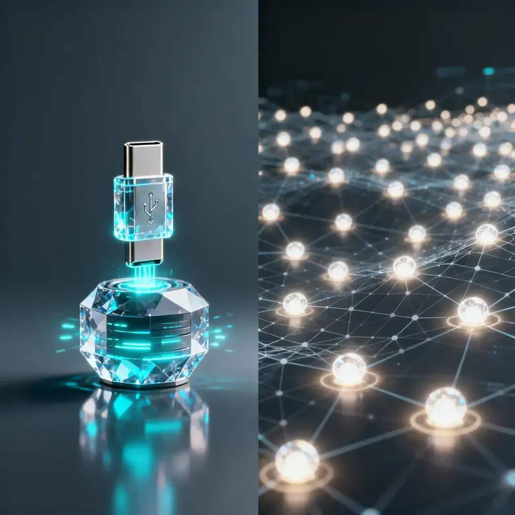 Comparativa conceptual en 3D entre la integración interna de herramientas y la comunicación externa de agente a agente.