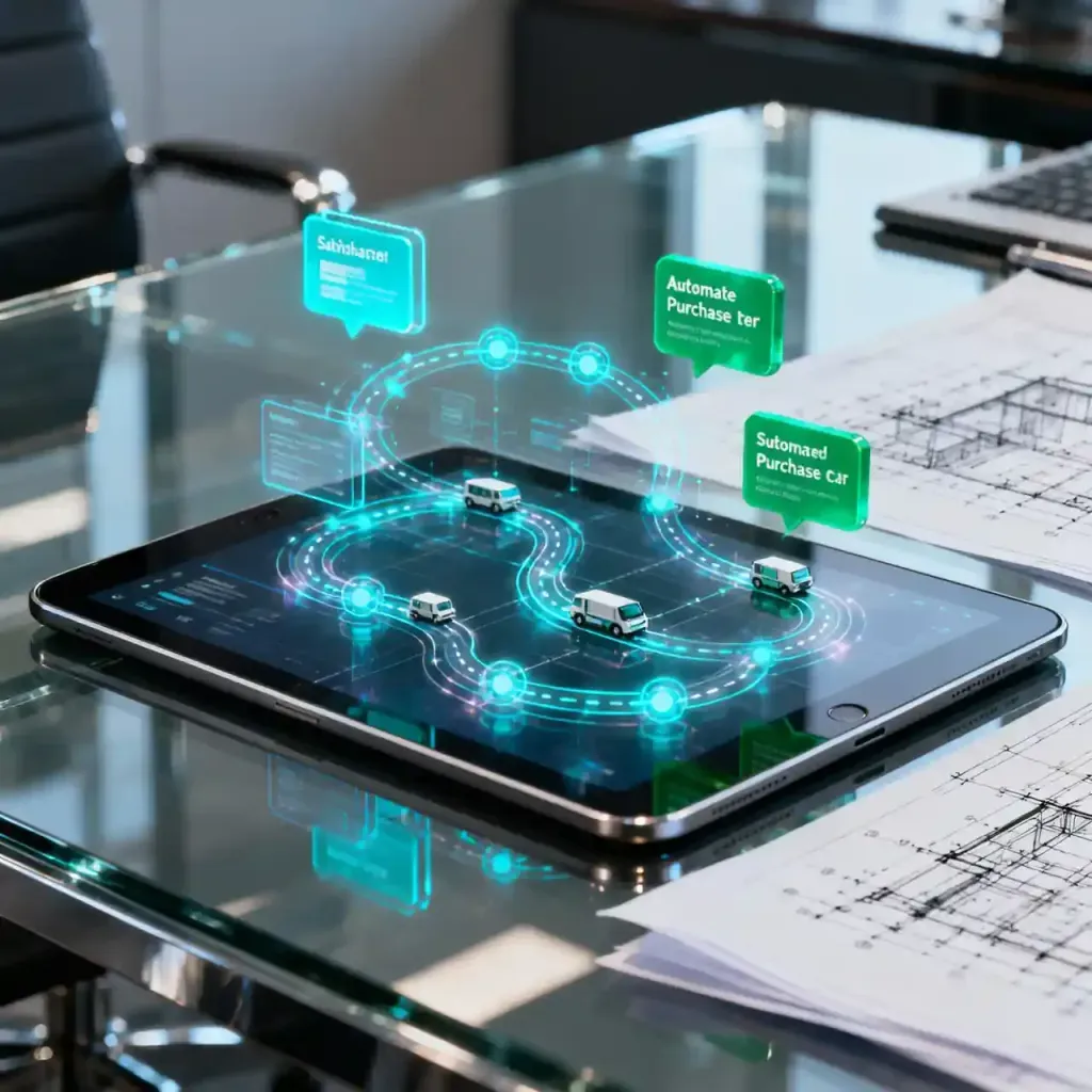 Pantalla industrial mostrando una red de inventarios y logística sincronizada automáticamente mediante agentes de IA.