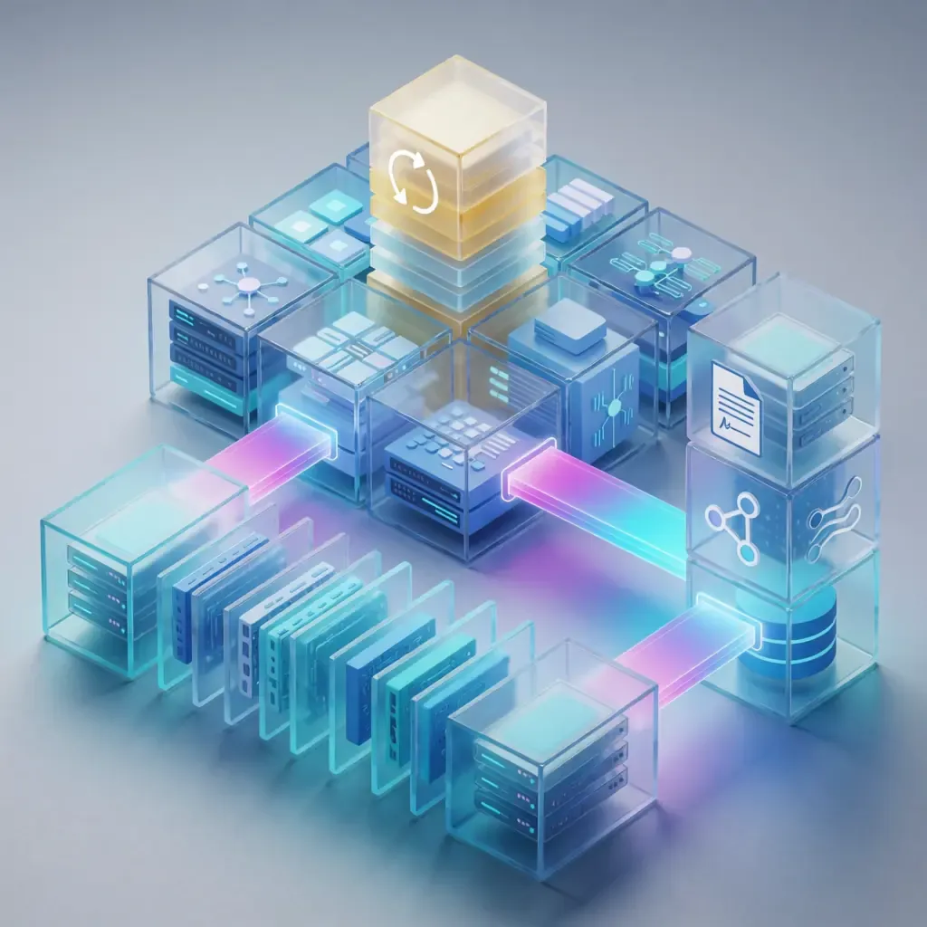 Estructura isométrica en 3D que representa una plataforma de comunicación entre agentes desarrollada a la medida.