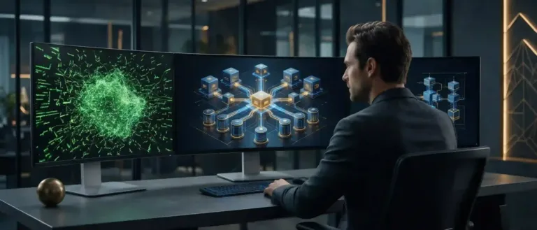 Desarrollador y panel de arquitectura de software analizando código asistido por inteligencia artificial en monitores corporativos.