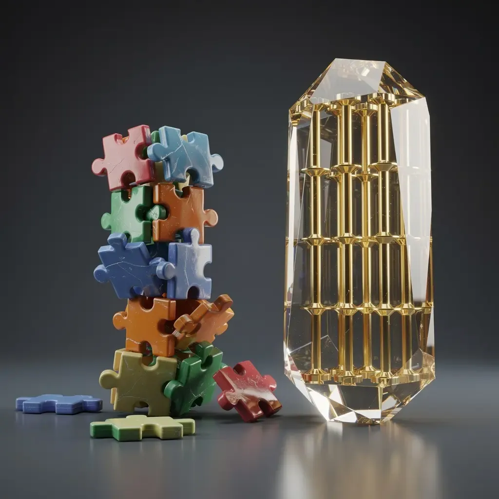 Comparativa conceptual en 3D que contrasta la fragilidad de un sistema parchado frente a la solidez de una arquitectura de software planificada.