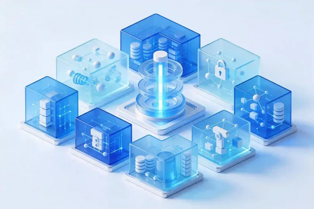 Estructura isométrica en 3D que representa una plataforma de software modular y arquitectura a la medida.