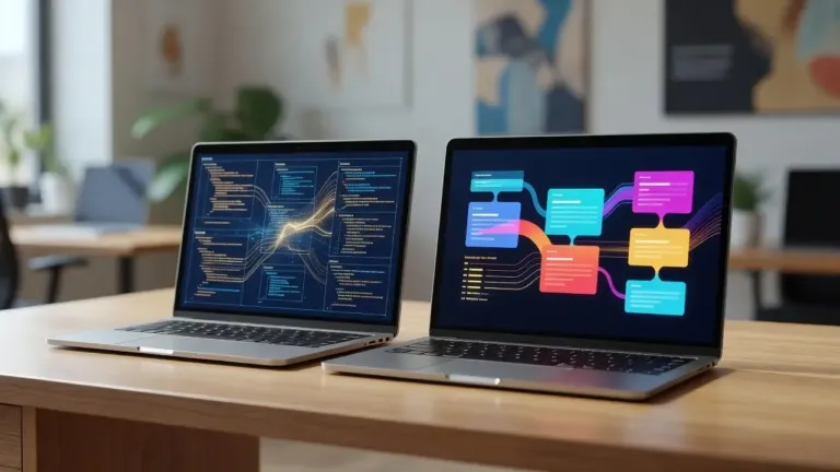 Comparativa visual en pantallas entre el código limpio de una web a la medida y una plantilla prediseñada de bloques.